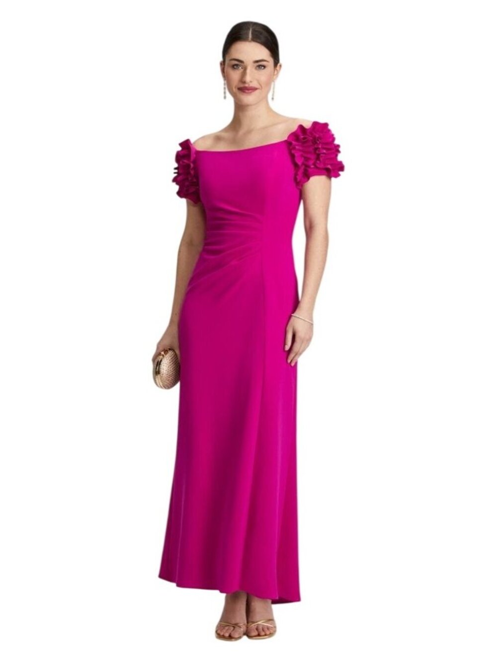 Xscape Ruffled Off-The-Shoulder Scuba Crepe Midi Dress Size 4 New With Tags - Picture 6 of 16